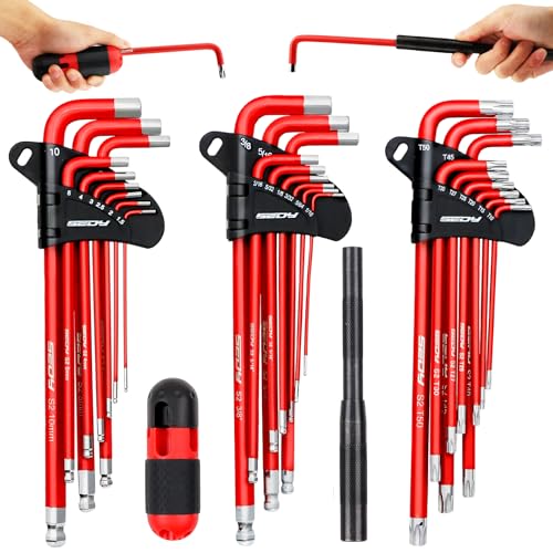 SEDY 30-Piece Long Arm Ball End L-Hex & Torx Key Set with Grip Handle, Ultimate Hex Key Wrench Set with T-Handle and Extension Bars, SAE 1/16" to 3/8", Metric 1.5mm to 10mm, Torx T10 to T50 30-Piece Set (with T-Handle)