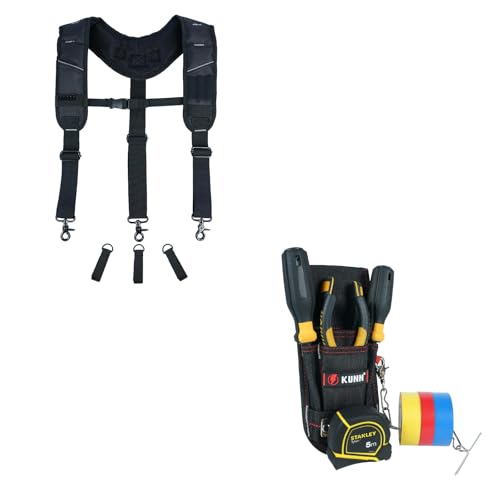 KUNN Tool Belt Suspenders,Heavy Duty 3-Points Padded Construction Work Pouch Suspender for Men with Tool Belt Loops + Small Tool Pouch with Belt Clip, Utility Tool Organizer with Tape Measure Holder