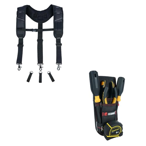 KUNN Tool Belt Suspenders,Heavy Duty 3-Points Padded Construction Work Pouch Suspender for Men with Tool Belt Loops + Tool Pouch with Belt Clip, Utility Small Tool Organizer with Tape Measure Holder