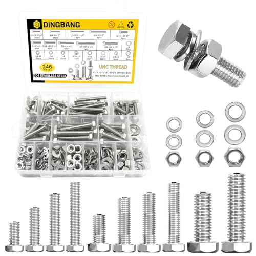 246Pcs Hex Bolts and Nuts Assortment Kit,1/4-20,5/16-18,3/8-16 Stainless Steel Assorted Hex Head Bolts and Nuts,Flat & Lock Washers Set,Fully Threaded,for Home, Auto,Electronic & Industrial Repair 1/4,5/16,3/8