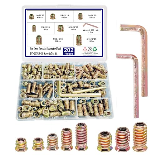 200pcs Threaded Inserts for Wood,1/4"-20 5/16"-18 Screw in Nut Kit,10 Sizes 1/4"-20 / 5/16"-18 Assortment Kit