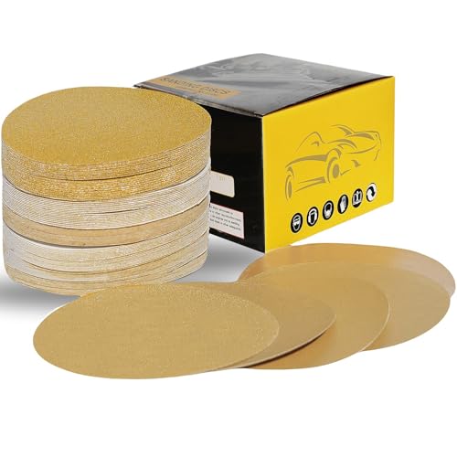100 PCS 6 Inch Gold PSA Sanding Discs Set -20 Each of 80, 120, 180, 220, 400 Grit - Self Adhesive Stickyback Sandpaper Discs for 6" DA Sander Sand Automotive Car Paint, Woodworking, Metal