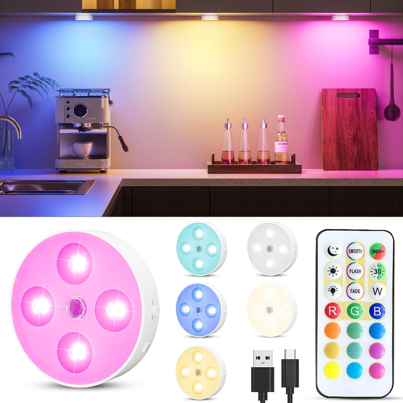 Puck Lights with Remote, Rechargeable 1500mAh Motion Sensor Night Lights, 13 RGB Colors, Dimmable LED Under Cabinet Lighting, Magnetic Stick-On Lights for Closet, Kitchen, Stairs, Counter, 6 Pack RGB Multicolor