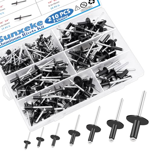 210pcs Black Pop Rivets Assortment Kit,7 Sizes Large Flange Aluminum Rivets(1/8 inch 3/16 inch 1/4 inch),Assorted Blind Rivets for DIY/Automotive Repairs/with Box