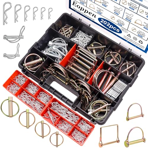 202Pcs Hitch Pins Clip Pins Linch Pins PTO Pins and Shaft Locking Pins Assortment Kit 5 Styles Pin Fasteners for Trailers, Tractors, Trucks, Lawn Mower