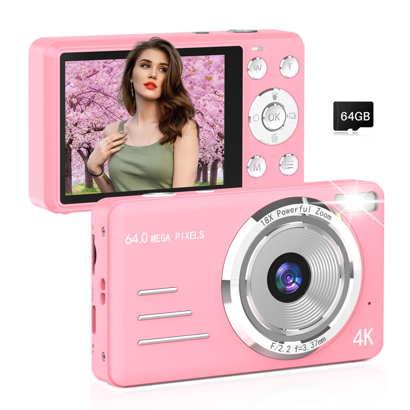 Digital Camera, FHD 4K 64MP Point and Shoot Kids Digital Camera with 64GB Card,18X Zoom, Anti Shake, Compact Small Cameras for Kids Gifts for Teens Girls Boys Pink-Enhanced version