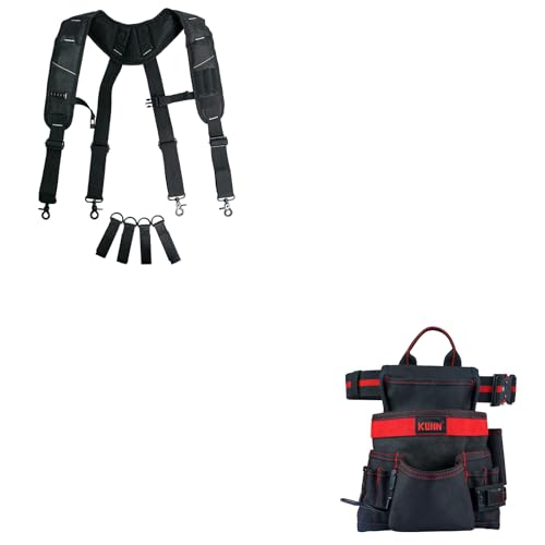 KUNN Tool Belt Suspenders Padded Carpenter Construction Suspender & 10-Pocket Carpenter Tool Pouch