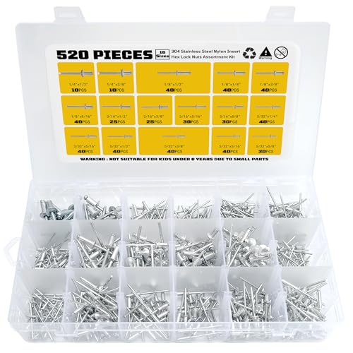 520 Pcs Aluminum Pop Rivets Assortment Kit, 16 Sizes Pop Rivets, Silver pop rivet set including 3/32" 1/8" 5/32" 3/16" 1/4" blind rivets for metal Dome Head rivet kit 520 Pcs/Set ‎Aluminum/Steel Sliver
