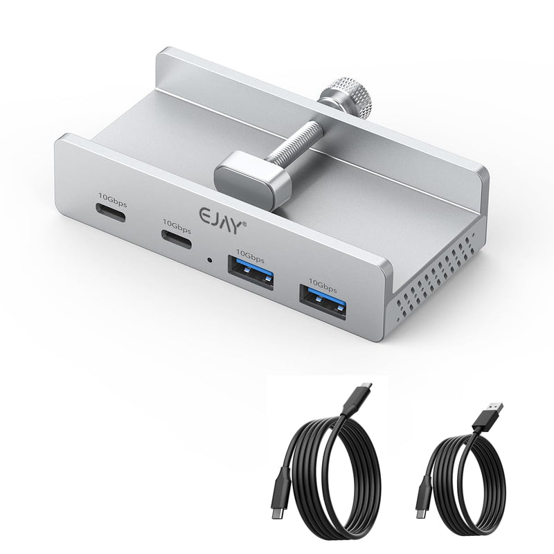 EJAY 4Ports 10Gbps USB-C HUB USB3.2 Clamp USB HUB Splitter,Mountable USB-C Adapter with Data & Power Cable for iMac 2021 and later-10Gbps(Silver) Silver