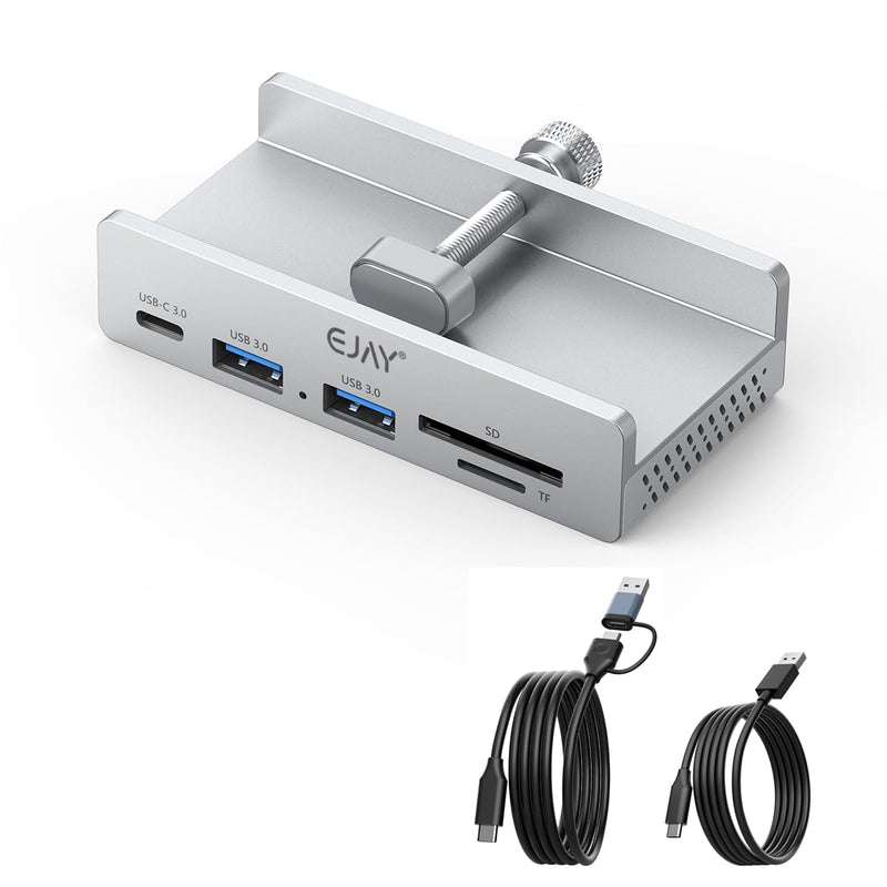 EJAY 5-Port USB 3.0 Hub with Card Reader & Clamp Aluminum Desktop Docking Station with 5Gbps Speed for PC Mac Laptop, 59inches Data and 39inches Power Cable Silver