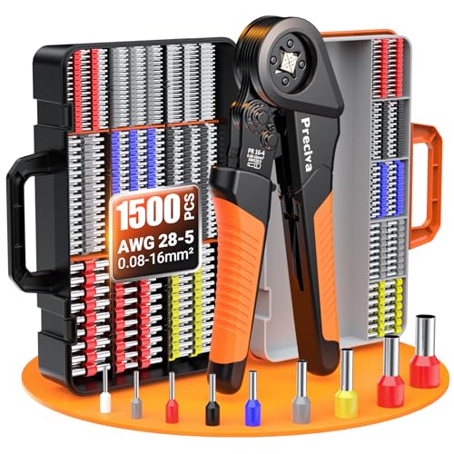 Preciva Ferrule Crimping Tool Kit - AWG 28-5 (0.08-16mm²) Self-Adjustable Ratchet Ferrule Terminals Crimping Tool, Quadrilateral Ferrule Crimper with 1500Pcs Ferrules Connectors Ferrule Crimper & Connectors
