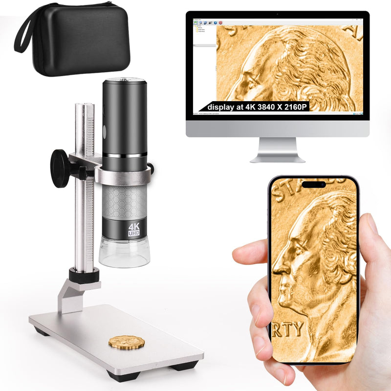 4K Microscope with Professional Stand + Case for iPhone Android PC, 50-1000X Digital USB Microscope Endoscope HD Camera for All Cellphones iPad Android Tablet Windows Mac Chrome Linux Grey/Black