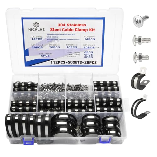 232PCS Cable Clamps Kit, Stainless Steel Rubber P Clamp Assortment 112PCS+50SET+20PCS KIT