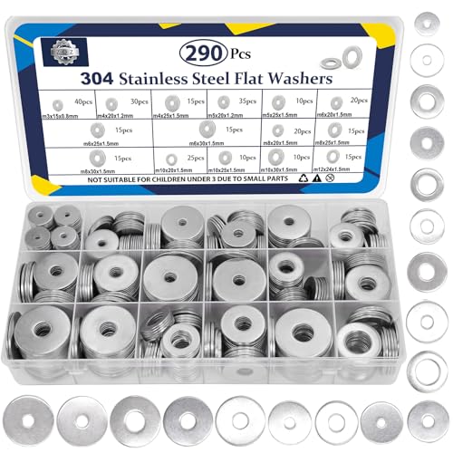 ZQZ 290Pcs Stainless Steel Flat Washers Assortment Kit;Fender Washer M3-M12 15 Sizes 290 Pieces