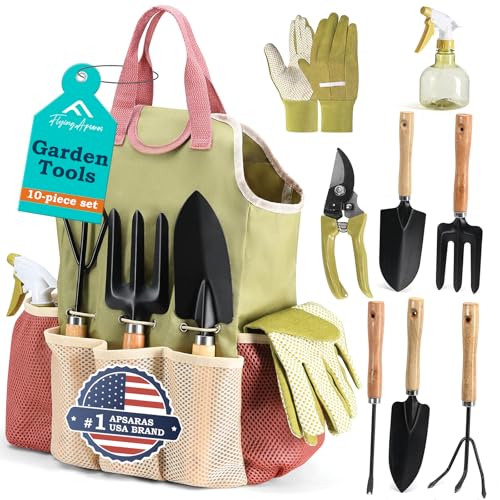 APSARAS USA Gardening Tools, Garden Tool Set, 10 Pieces Heavy Duty Sturdy Steel Gardening Tool Set with 600D Oxford Cloth Storage Tote Bag, Durable Supplies Kit Perfect Garden Gifts for Father Wood Handle and Sturdy Steel