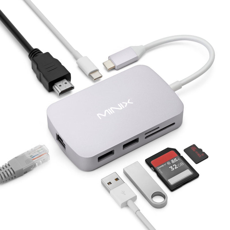 MINIX USB C Adapter, 7 in 1 USB C Hub with 4K 60Hz HDMI,Gigabit Ethernet, 2 USB 3.0, 100W PD Charging, SD/TF Card Reader, Compatible with MacBook Pro/Air, iPad Air/Pro, iMac, Laptop, PC, Grey 7-in-1 Hub Grey