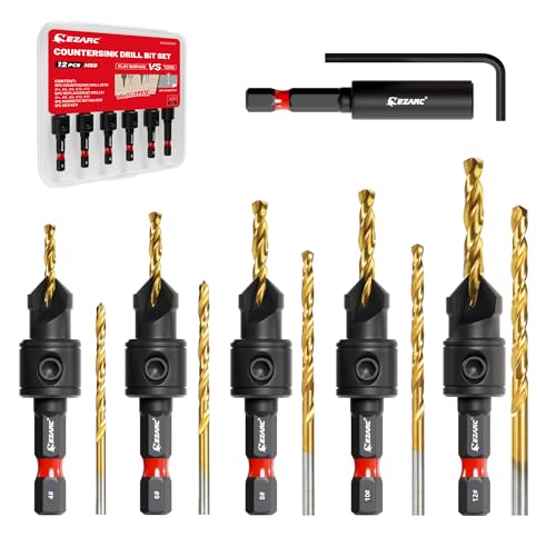 EZARC Countersunk Drill Wood Set, 12 Pieces Drill Bit with Countersink for Woodworking | #4, #6, #8, #10, #12, titanium coated HSS, double edge design, 1/4" hex, magnet extension holder, storage box