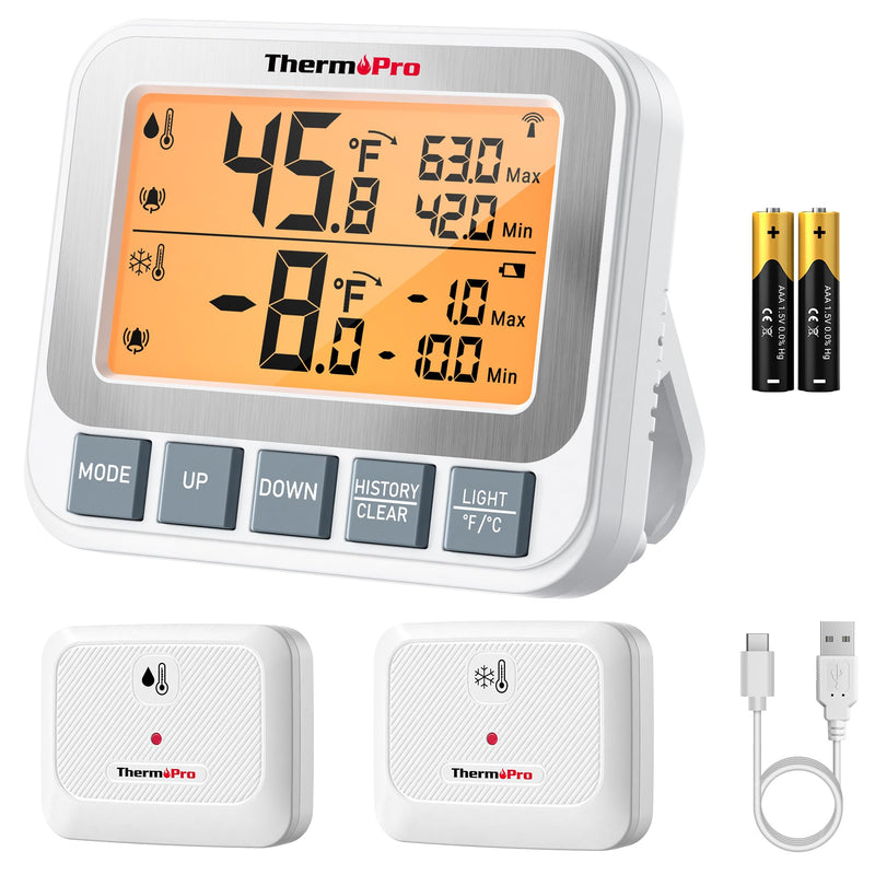 ThermoPro Wireless Freezer Refrigerator Thermometer with Alarm, 500 ft Range, Dual Sensors ±0.9℉ Accuracy, Fridge Thermometer with Backlit LCD Display, Rechargeable & Battery Included