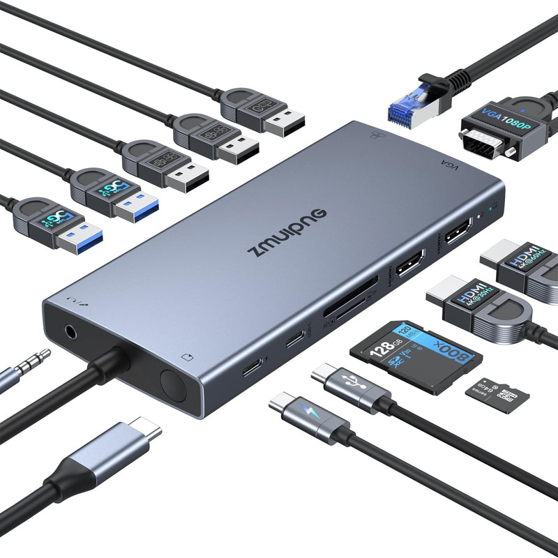 ZMUIPNG USB C Docking Station Dual Monitor 15 in 1 Laptop Docking Station Triple Display USB C Hub Multiple Adapter Dongle with 4K HDMI+VGA+USB Port+Button+PD+Ethernet for Dell HP Thinkpad Surface Grey 15 IN 1 Docking Station
