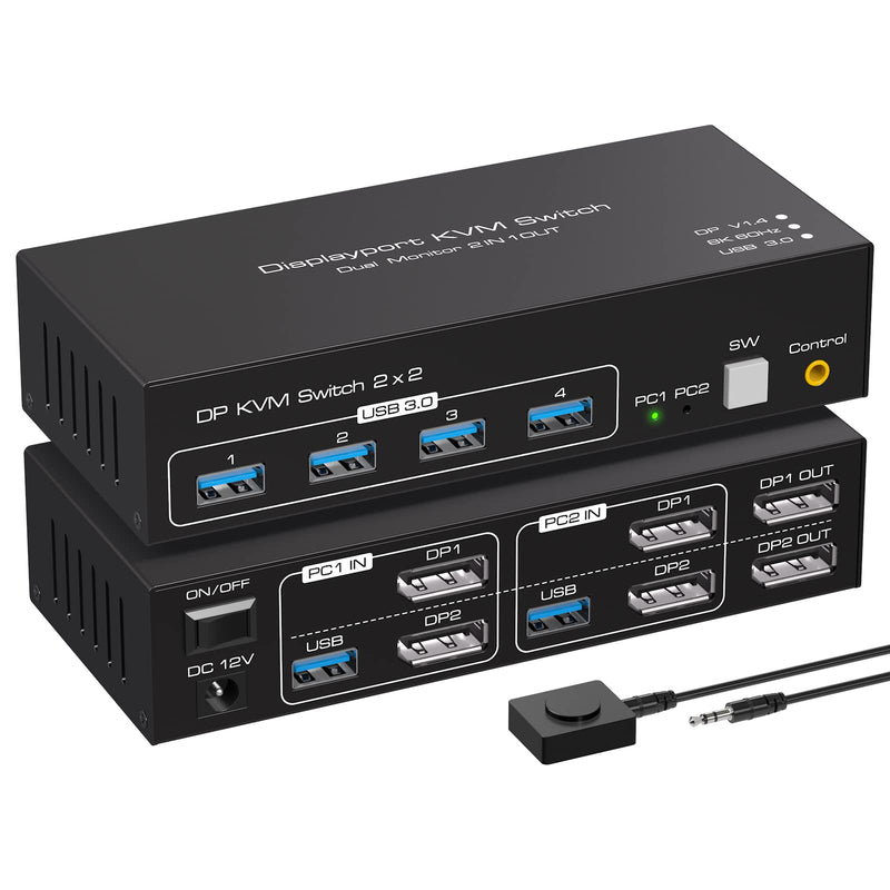 Displayport KVM Switch 2 Monitors 2 Computers 8K 60Hz 4K 120Hz Dual Monitor USB 3.0 KVM Switches for 4 USB Devices, Wired Extension Button,12V DC Adapter and USB3.0 Cables 8K DP Black