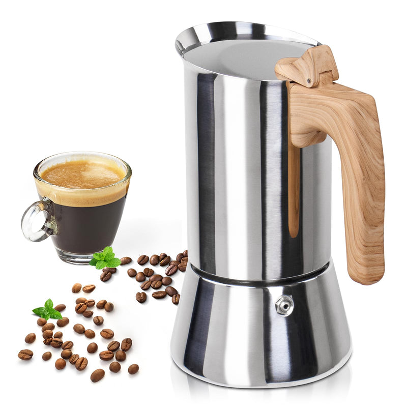Uncoated 4 Cup Moka Pot 304 Thickened Stainless Steel Coffee Maker Stovetop Espresso Coffeemaker Italian Classic Style Brewing Greca Cafe Mocha Machine for Cafeteras Camping Travel Home 200ml 6.6oz