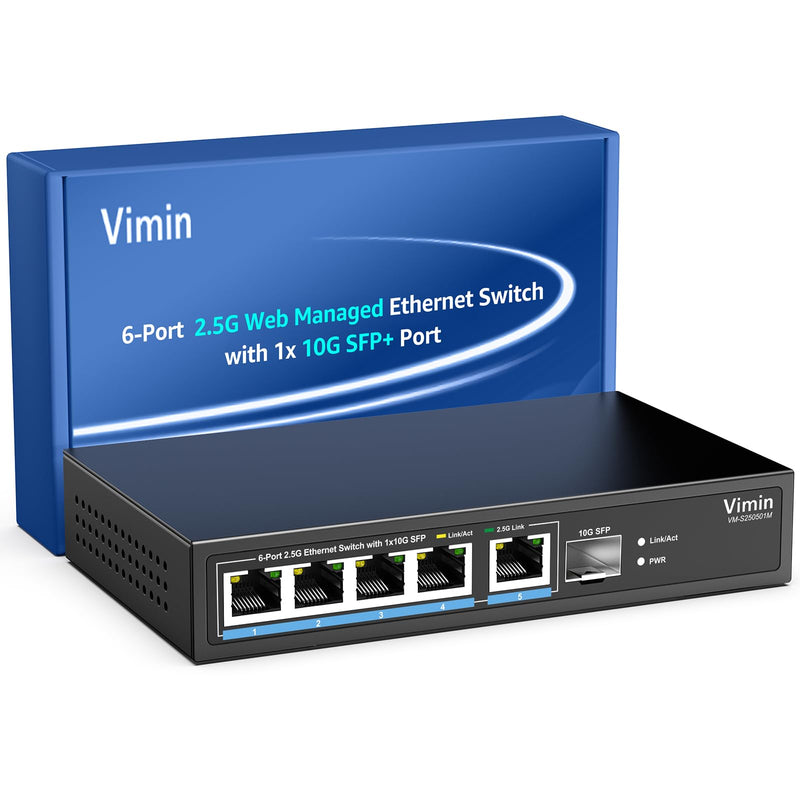 5 Port 2.5G Base-T Smart Web Ethernet Switch Managed with 10Gbps SFP Port, Compatible with 100/1000/2500Mbps Network, VIMIN 6-Port 2.5 Gigabit Managed Network Switch for 2.5G NAS, PC, Wireless AP 5x2.5G Ethernet+10G SFP(Managed)
