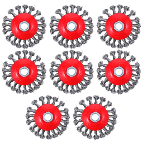 8 Pack 4 Inch Twist Knotted Wire Wheel Brush for Angle Grinder with 5/8 Inch-11 Threaded Arbor - 0.02 Inch Carbon Steel Wire for Heavy-Duty Conditioning