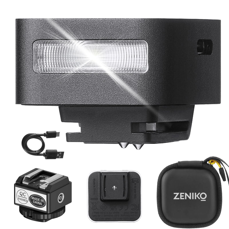 ZF08 Mini Camera Flash Speedlite with Flash Height Booster, Capable of Continuous Flash Shooting,Aluminum,for Fuji/Sony/Nikon/Canon/Olympus/Leica/Any Cameras with Single-Contact Hotshoe Black