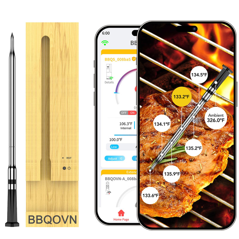 WiFi Bluetooth Wireless Meat Thermometer Unlimited Range, Check Temp Anywhere,7 NIST Certified Sensors with Ambient Temp, Monitor for BBQ, Grill, Oven, Smoker, Air Fryer (Black)