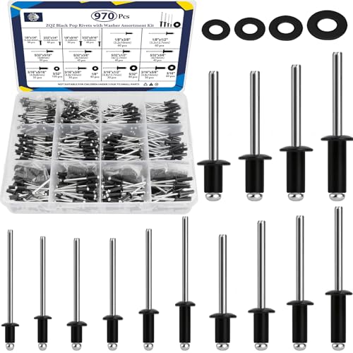 ZQZ 970Pcs Pop Rivets Assortment Kit Black Aluminum Rivet3/32 1/8 5/32 3/16 970/set