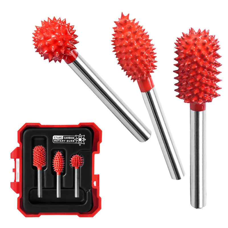 EZARC Tungsten Carbide Rotary Burr Kit, 1/8’’ Shaft Wood Carving Bits, Very Coarse Engraving & Material Removal Tool with Storage Case, 3-Piece Sb+sd+sg