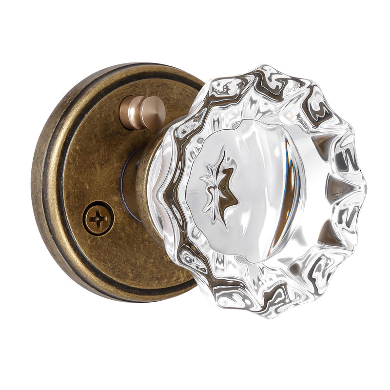 Antique Brass Door Knobs Crystal Door Knob Interior, Privacy Door Knob for Bedroom and Bathroom Glass Door Knob,Push Button Lock Privacy 1Pack Aged Bronze