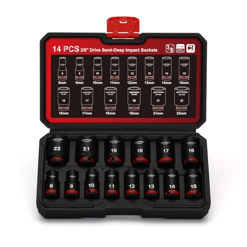 3/8 in. Drive Semi-Deep Impact Sockets Set, Mid-Length Socket Set, Metric, 8 to 22 mm, 14-Piece, CR-MO, Stamped and Ink Filled Size Marking 3/8" Drive 14pcs Mid-Length Socket Set