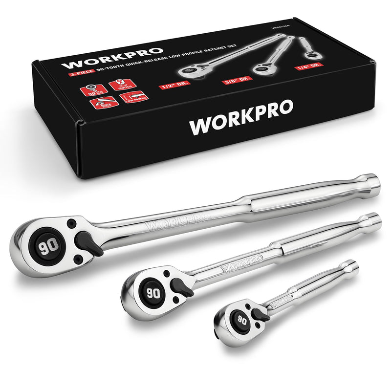 WORKPRO 3-Piece Low-Profile Drive Ratchet, 1/4", 3/8", 1/2" 90-Tooth Quick-Release Ratchet Wrench, Reversible, 4° Swing, CR-MO Compact Drive Head, Full Polished, Gifts for Men 3-Piece(1/4", 3/8", 1/2")