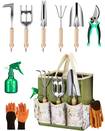 9-Piece Premium Gardening Tool Set for Women - Heavy Duty Stainless Steel Rust-Proof Tools with Fashion Storage Tote | Perfect Gardening Gifts for Mom, Mother's Day, Birthday & Outdoor (Green) green