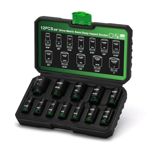 TecoTek 3/8-Inch Drive 12-Point SAE Semi-Deep Impact Socket Set, Mid-Length Socket Set, 5/16-Inch to 1-Inch, CR-MO, Stamped and Ink Filled Size Marking, 12-Piece