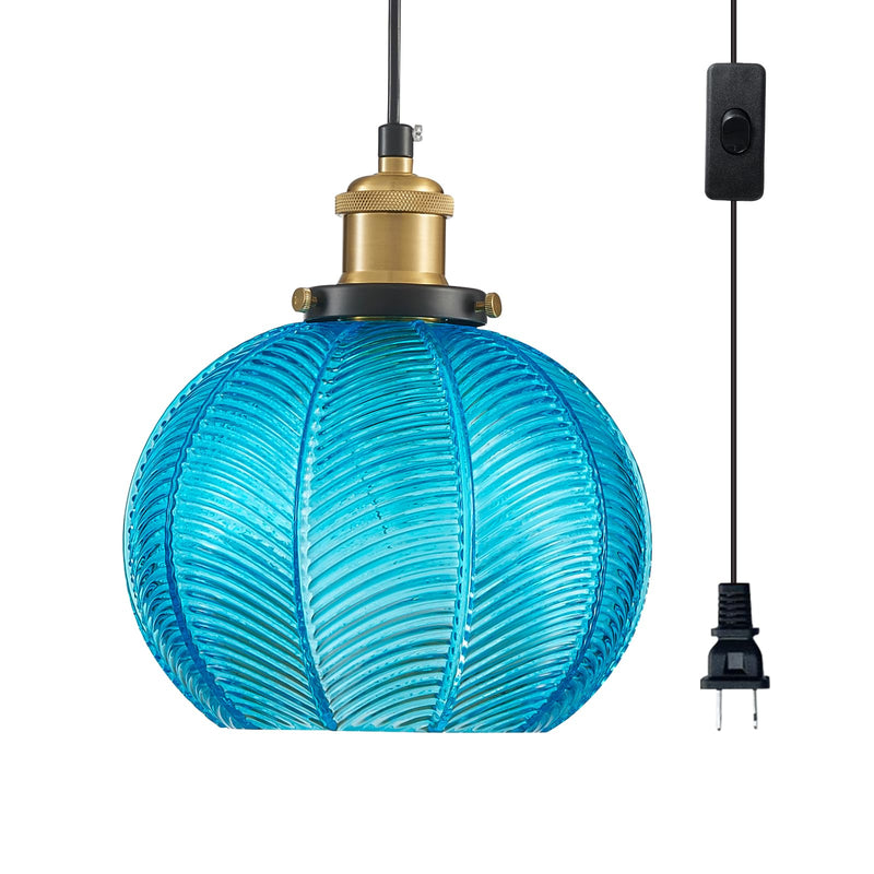 Blue Glass Plug-in Pendant Light,Farmhouse Hanging Lights with in Cord Globe Glass Hanging Lamp with a Switch Wire for Dining Room Bedroom Kitchen Island E26 Blue-Plug in 1Pcs