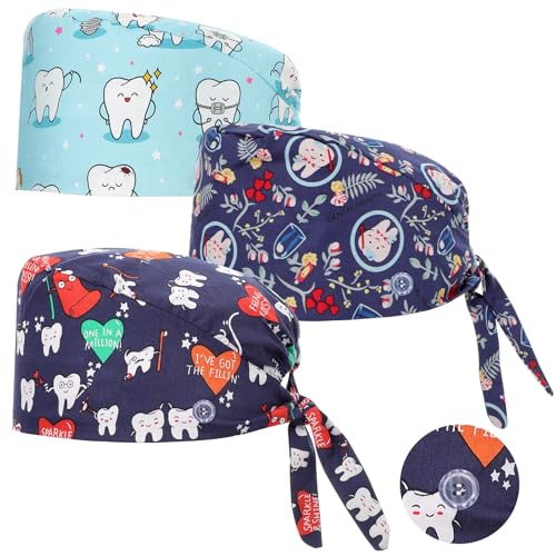 Pack of 3 Adjustable Surgical Cap with Button Work Cap Cotton Print Sick Nurses Cap Unisex Dust Caps (Cartoon Teeth Style) cartoon teeth style