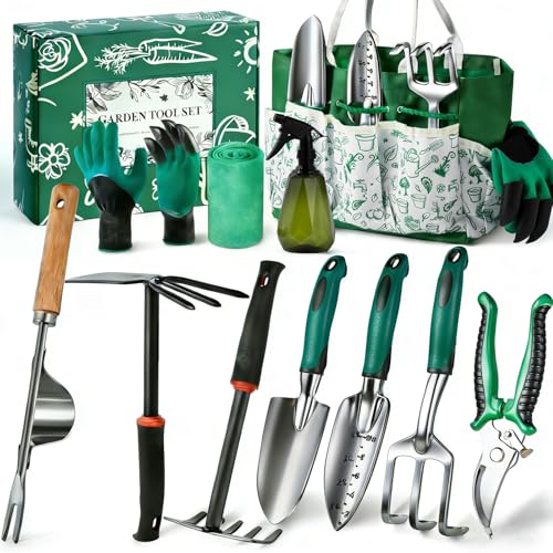 Gardening Tool Set Gifts for Women, Heavy Duty Garden Tools with Handbag Green