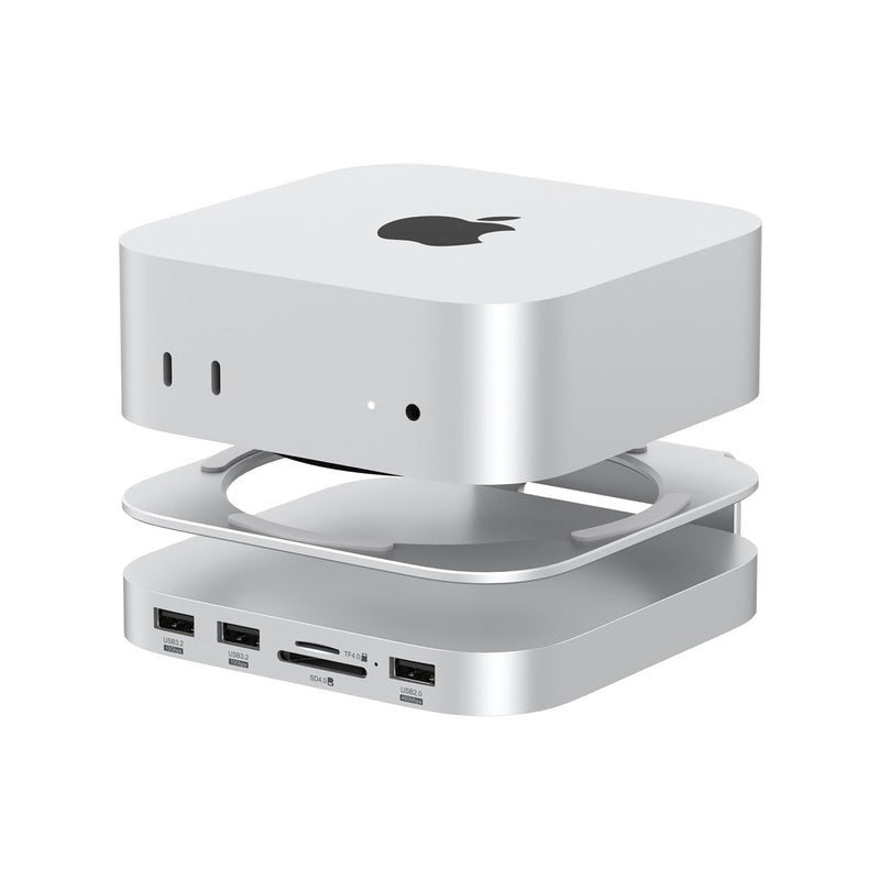 Qwiizlab Aluminum Stand Hub for Mac mini M4/M4 Pro, Docking Station with with NVMe SSD Enclosure, 2 USB-A 10Gbps, TF/SD 4.0 Card Readers 312MB/s, USB-A 2.0, Fits M.2 NVMe SSD up to 8TB