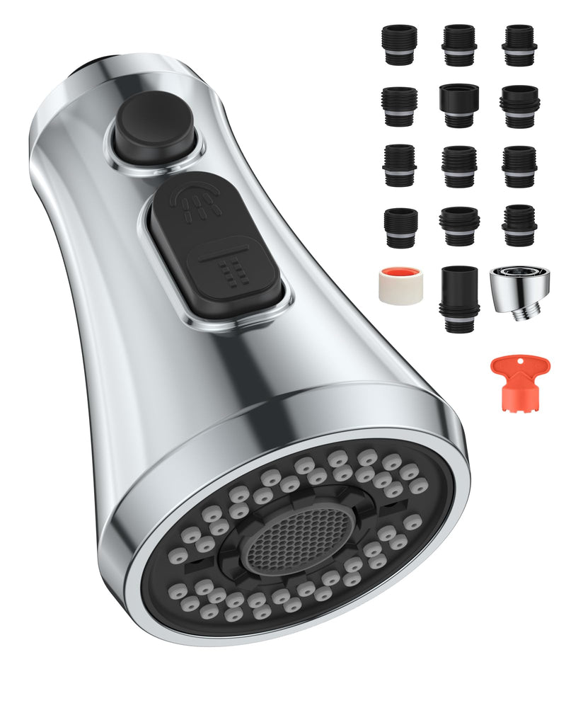 Mbillion Universal Polished Chrome Kitchen Faucet Head Replacement, 3 Function ABS Sink Faucet Head, Pull-Down Nozzle with 14 Adapters, Compatible with Moen,Delta,Kohler,WEWE American Standard