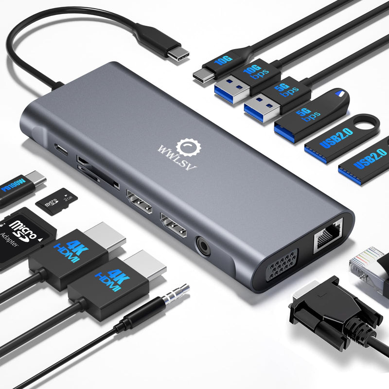 Laptop Docking Station Triple Display – 14-in-1 USB C Hub with Dual 4K HDMI, 1080p VGA, 100W Power Delivery, 10Gbps USB-C/USB-A, Gigabit Ethernet, SD/TF, Audio Mic – For MacBook/HP/Dell/Lenovo/Surface