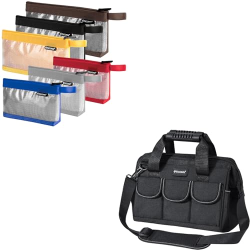 TICONN 6 Pack Combo Tool Pouch + 12in Tool Bag with Waterproof Soft Bottom