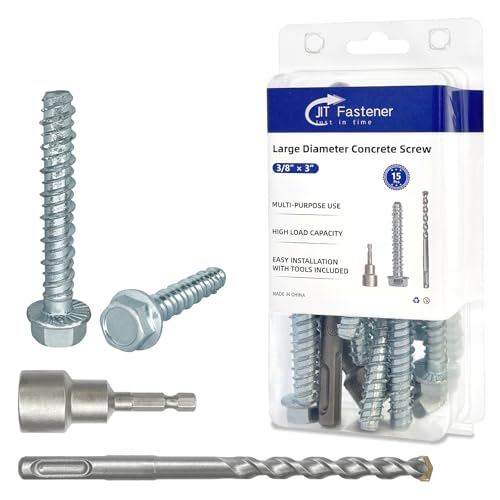 3/8" x 3" Zinc Plated Large Diameter Concrete Screws with Allen Hex Bit Socket and Drill Bit, Use for Secure Anchoring to Masonry, Brick or Block (15-Pack) 3/8"x 3"