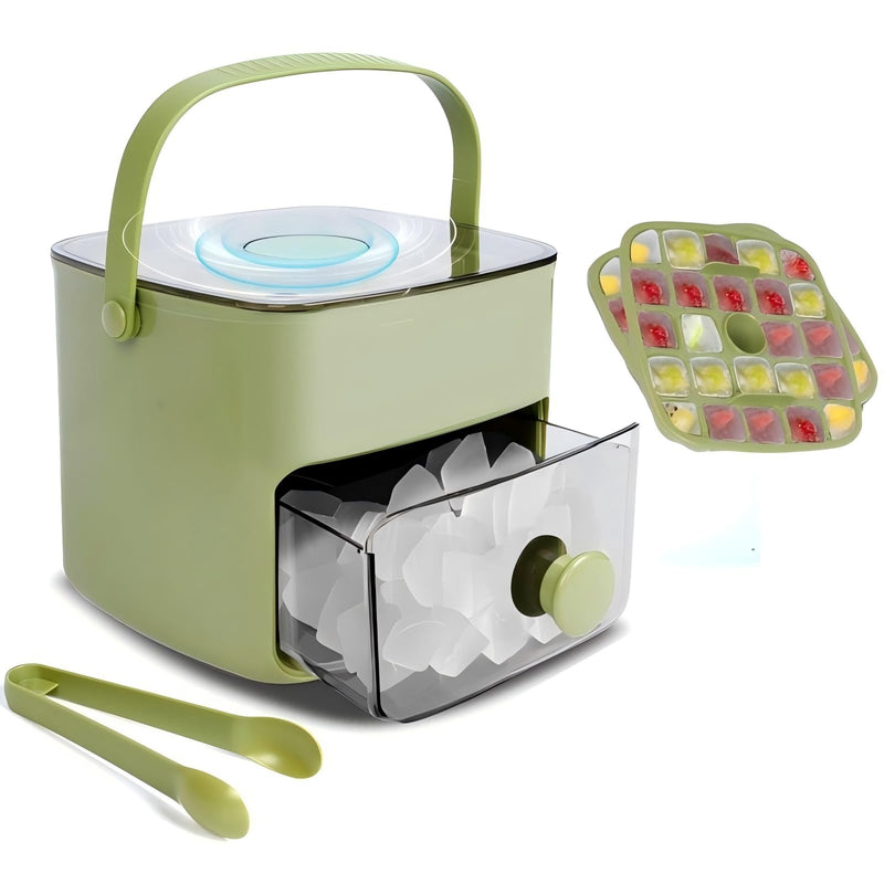 Ice Cube Tray with Lid & Bin Ice Maker for Freezer Ice Trays Ice Container- Ice Molds for Whiskey, Cocktail, Coffee Drinks, Beer with Ice Tongs Kitchen Gadgets Tools (Green) Green