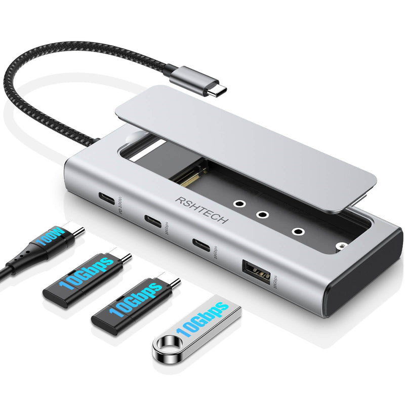 RSHTECH 5-in-1 USB C Hub with M.2 NVMe/SATA SSD Enclosure, 10Gbps USB Data Ports (1A + 2C) and 100W Power Delivery, Aluminum USB-C Dock Dongle for MacBook, Laptops and More RSH-D05P