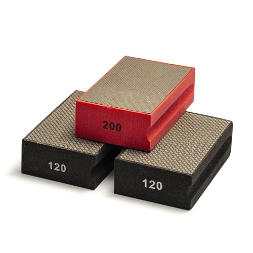 Glass Polish PRO Diamond Hand Pad Bundle – Set of 3 Foam Sanding Blocks with 120 Grit (x2) and 200 Grit for Coarse and Medium Finishing on Glass, Tiles, Ceramics, Concrete, Granite, Marble, and More