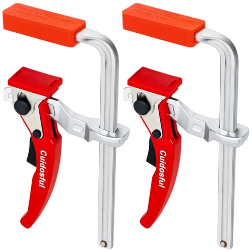 2 Pack Track Saw Clamps for Guide Rail – Heavy Duty Quick Release Ratchet Clamp Set, Compatible with Festool, Makita, Dewalt, Table Saw Hold Down, T Track Woodworking Clamps with Non-Marring Pads Red
