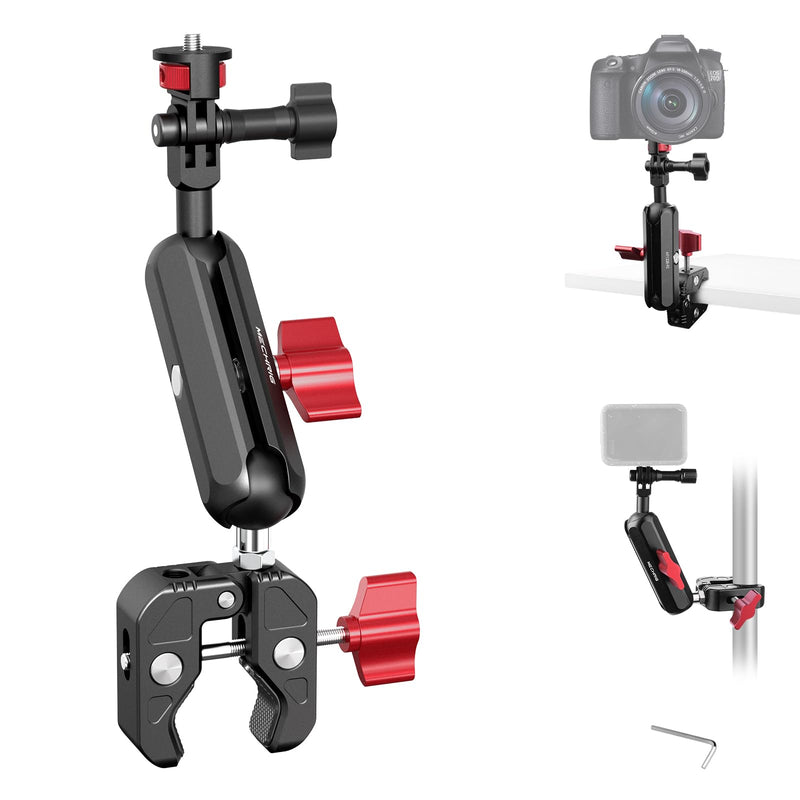 Camera Mount Super Clamp, Double Ballhead Magic Arm Clamp for GoPrO/Pocket 3 /lnsta360 X3 X4 /DSLR/Monitor/LED Light/Flash/Microphone,360°Rotating & 1/4”Screw & CNC Ebike Handlebar Clip Kit, JC008 JC008 Clamp Kit