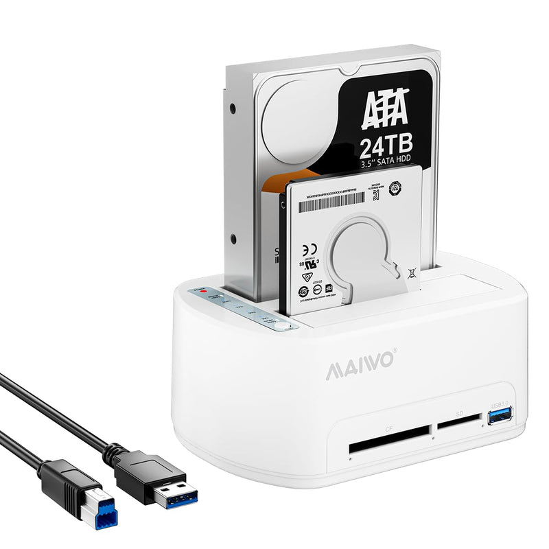 MAIWO SATA to USB 3.0 Dual-Bay Hard Drive Docking Station with Offline Clone for 2.5 & 3.5-inch HDD/SSD, Hard Drive Dock with CF/SD Card Reader, Support 2*24TB, White
